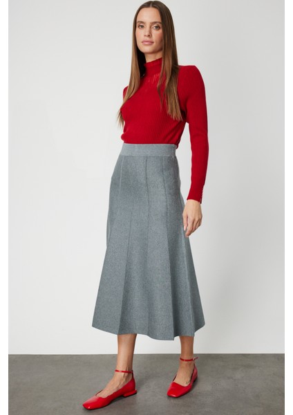 Kadın Pileli Midi Triko Etek 65210 Gri fiyatları