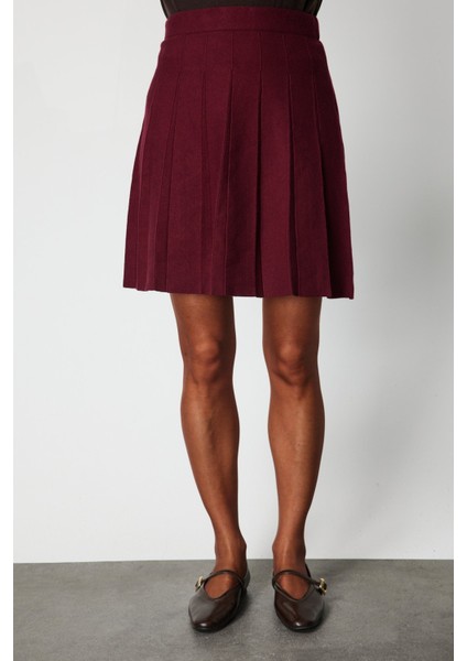 Kadın Pileli Mini Triko Etek 69202 Bordo modelleri