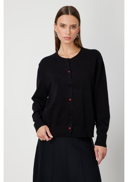 Kadın Taş Detaylı Sıfır Yaka Triko Hırka 60344 Siyah fiyatları