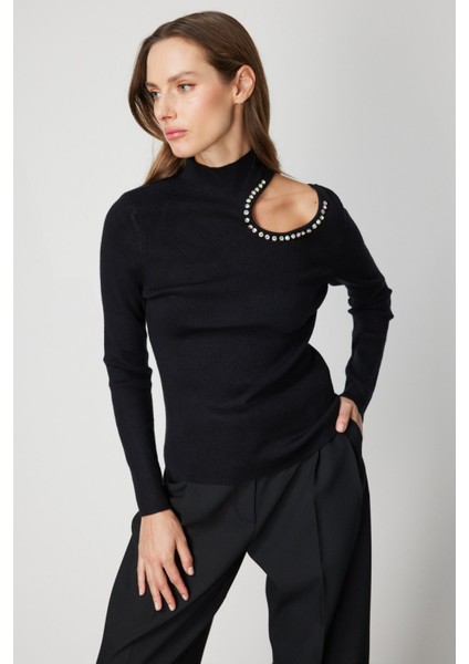 Kadın Omzu Açık Taş Detaylı Triko Kazak 60309 Siyah