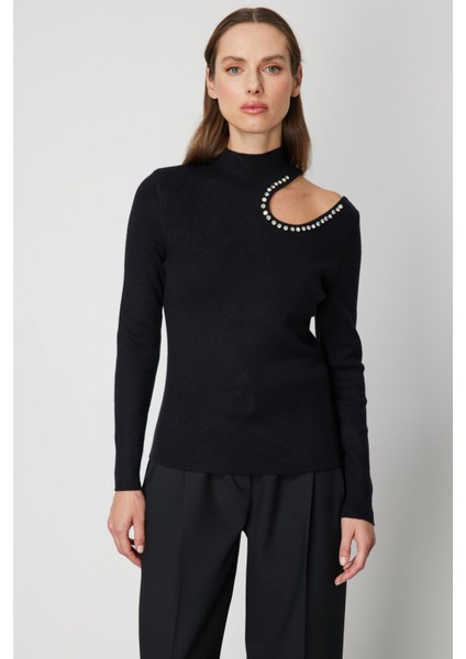Kadın Omzu Açık Taş Detaylı Triko Kazak 60309 Siyah fiyatları