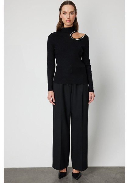 Kadın Omzu Açık Taş Detaylı Triko Kazak 60309 Siyah modelleri