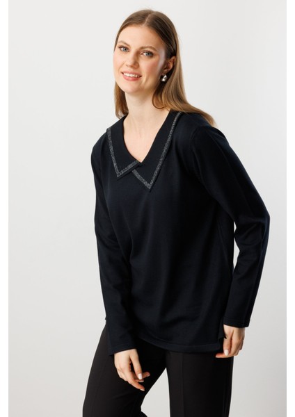 Kadın Büyük Beden Yakası Taşlı Triko Kazak 65395 Siyah