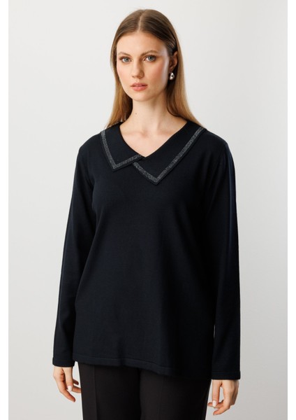 Kadın Büyük Beden Yakası Taşlı Triko Kazak 65395 Siyah fiyatları