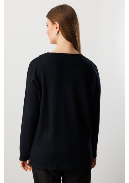 Kadın Büyük Beden Yakası Taşlı Triko Kazak 65395 Siyah fırsatları