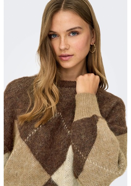 Kadın Onlnoeme Desenli Bisiklet Yaka Yünlü Kazak 15353226 Kahverengi fiyatları