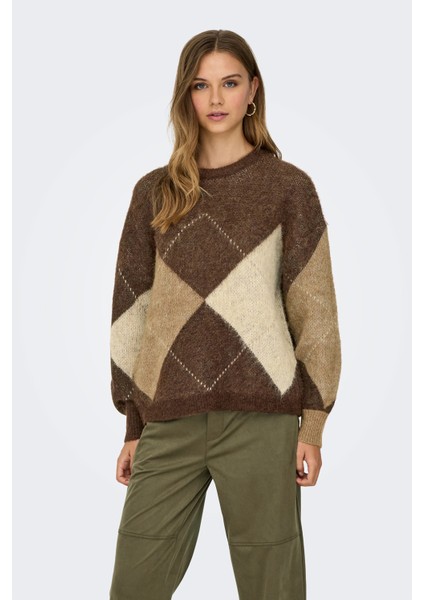 Kadın Onlnoeme Desenli Bisiklet Yaka Yünlü Kazak 15353226 Kahverengi modelleri