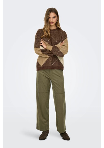 Kadın Onlnoeme Desenli Bisiklet Yaka Yünlü Kazak 15353226 Kahverengi fırsatları