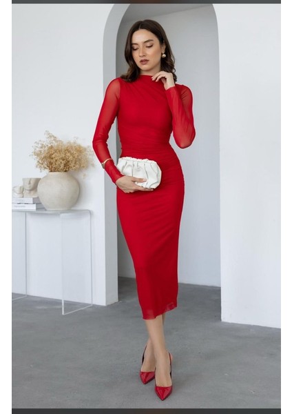 Kadın Uzun Kol Tül Drapeli Midi Boy Elbise