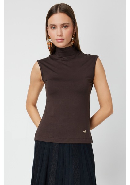 Kadın Dik Yaka Kolsuz Basic Bluz 61432 Kahverengi