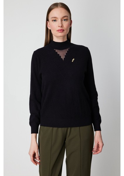 Kadın Yakası Tül Detaylı Pamuklu Triko Kazak 60342 Siyah