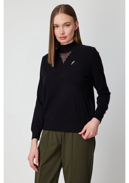 Kadın Yakası Tül Detaylı Pamuklu Triko Kazak 60342 Siyah fiyatları