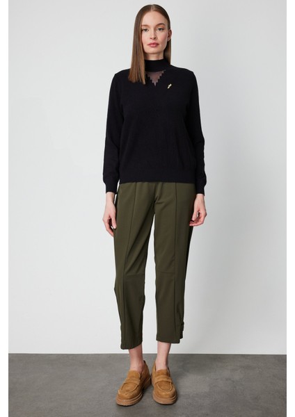 Kadın Yakası Tül Detaylı Pamuklu Triko Kazak 60342 Siyah modelleri