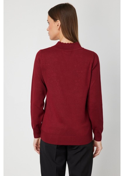 Kadın V Yaka Çiçek Işlemeli Triko Kazak 65307 Bordo fırsatları