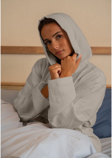 % 100 Pamuk 4 Kat Müslin Ünisex Kapşonlu Bornoz Gri S/m fiyatları