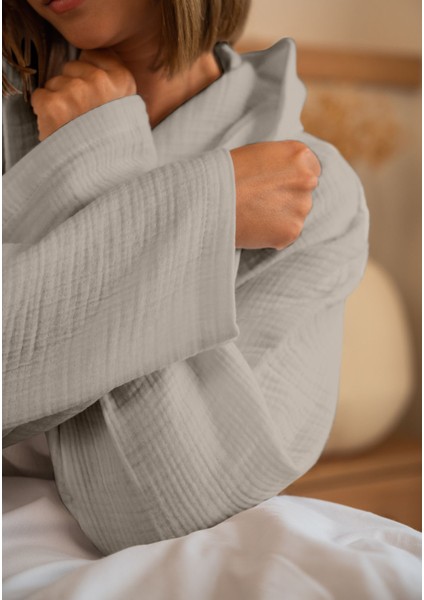 % 100 Pamuk 4 Kat Müslin Ünisex Kapşonlu Bornoz Gri S/m modelleri