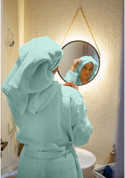 % 100 Pamuk 4 Kat Müslin Ünisex Kapşonlu Bornoz Mint S/m