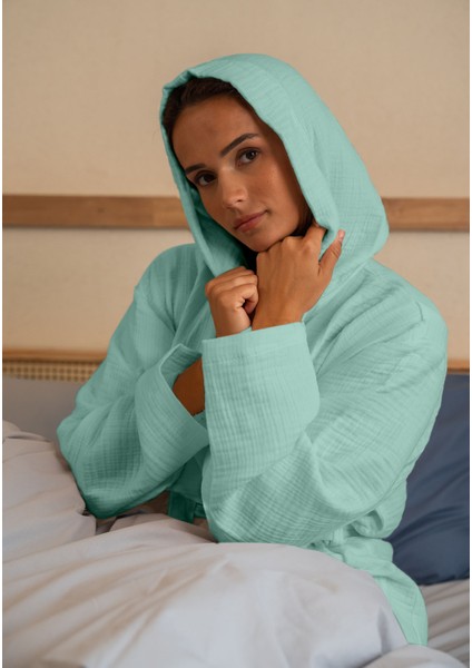 % 100 Pamuk 4 Kat Müslin Ünisex Kapşonlu Bornoz Mint S/m fiyatları