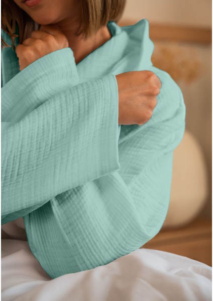 % 100 Pamuk 4 Kat Müslin Ünisex Kapşonlu Bornoz Mint S/m modelleri