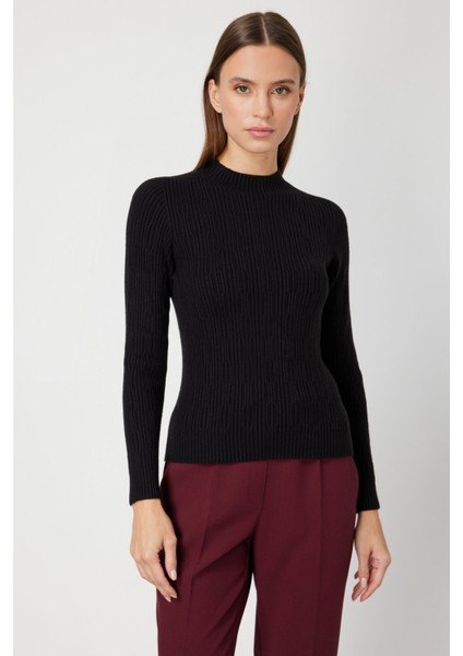 Kadın Sıfır Yaka Örgü Desenli Triko Kazak 69314 Siyah