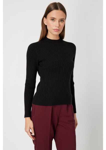 Kadın Sıfır Yaka Örgü Desenli Triko Kazak 69314 Siyah modelleri