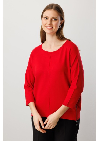 Kadın Büyük Beden Fermuar Detaylı Triko Kazak 65389 Kırmızı