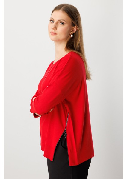 Kadın Büyük Beden Fermuar Detaylı Triko Kazak 65389 Kırmızı fiyatları