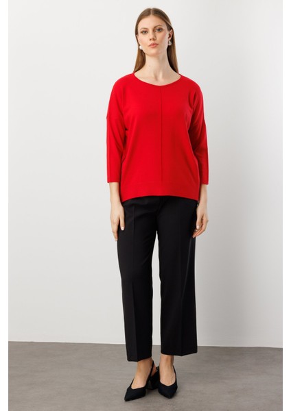 Kadın Büyük Beden Fermuar Detaylı Triko Kazak 65389 Kırmızı modelleri