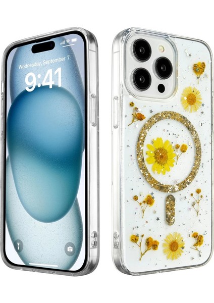 Buğz Newface Iphone 15 Pro Max Kılıf Daisy Simli Magsafe Kapak - Gold