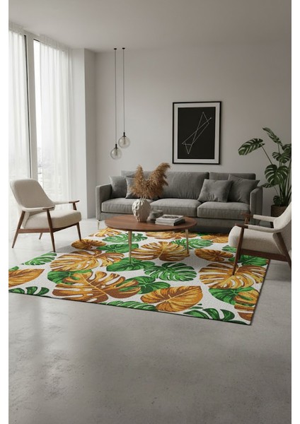Modern Tropikal Yaprak Desenli Yıkanabilir Halı | Kaymaz Taban Salon Mutfak Halısı fiyatları