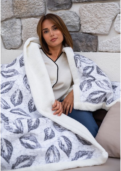 Flanel Sherpa Leaf Battaniye Çift Kişilik Antrasit 200X230CM