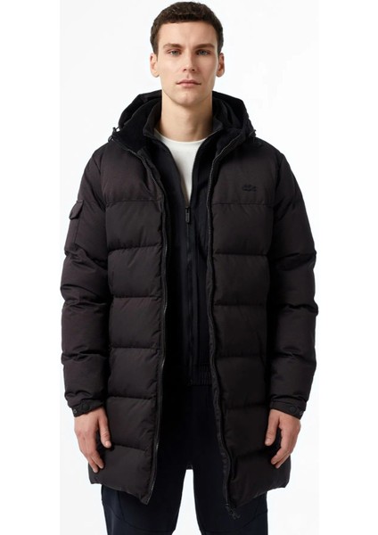 Down Fill Parka Uzun Boy Kaz Tüyü Dolgulu Çıkartılabilir Kapüşonlu Erkek Parka Siyah