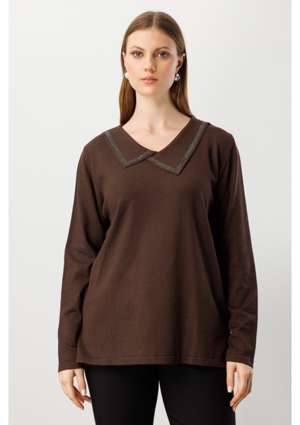 Kadın Büyük Beden Yakası Taşlı Triko Kazak 65395 Kahverengi