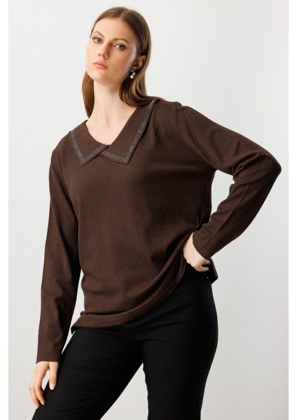Kadın Büyük Beden Yakası Taşlı Triko Kazak 65395 Kahverengi fiyatları