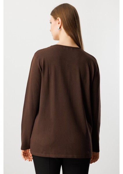 Kadın Büyük Beden Yakası Taşlı Triko Kazak 65395 Kahverengi fırsatları