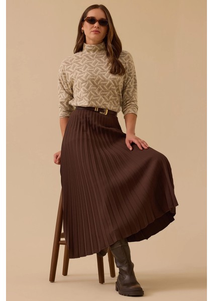 Kadın Esnek Bel Pliseli Basic Etek 1019 Kahverengi