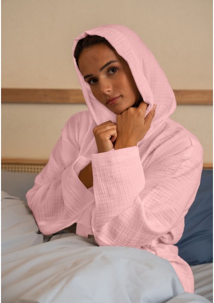 % 100 Pamuk 4 Kat Müslin Ünisex Kapşonlu Bornoz Pembe S/m fiyatları