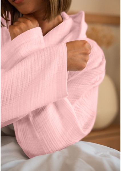 % 100 Pamuk 4 Kat Müslin Ünisex Kapşonlu Bornoz Pembe S/m modelleri