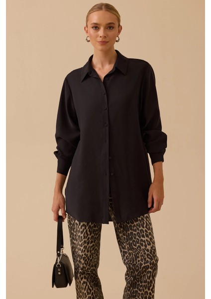 Kadın Gömlek Yaka Uzun Kollu Basic Tunik 1010 Siyah