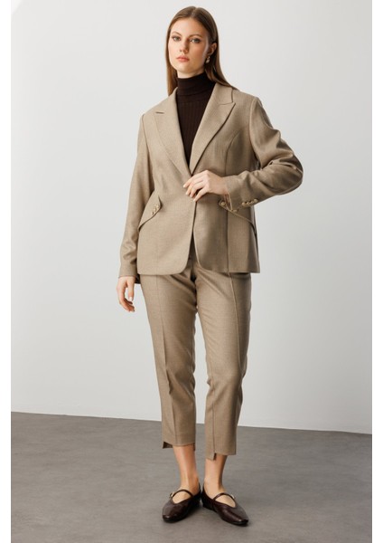 Kadın Büyük Beden Zikzak Desenli Dar Paça Pantolon 5535 Camel