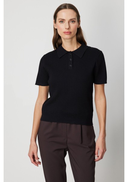 Kadın Örgülü Kısa Kollu Triko Kazak 60314 Siyah