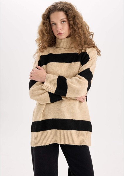 Relax Fit Balıkçı Yaka Çizgili Triko Kazak Tunik