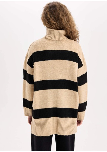 Relax Fit Balıkçı Yaka Çizgili Triko Kazak Tunik