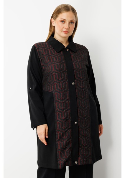Moda Ilgi Kadın Büyük Beden Ön Kapama Çıtçıtlı Fermuarlı Gofre Kumaş Tunik 0017 Bordo