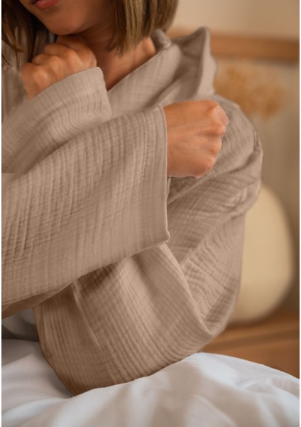 % 100 Pamuk 4 Kat Müslin Ünisex Kapşonlu Bornoz Koyu Bej S/m modelleri