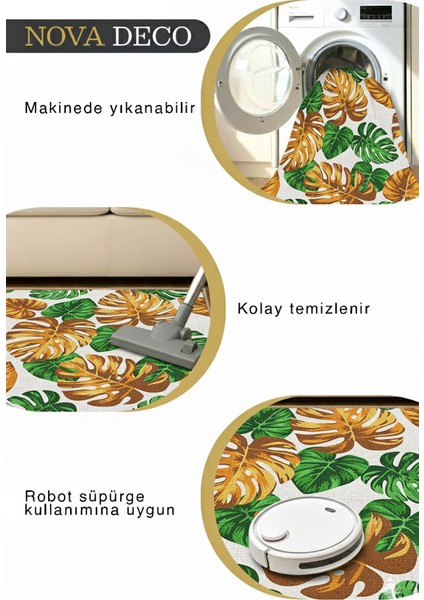Modern Tropikal Yaprak Desenli Yıkanabilir Halı | Kaymaz Taban Salon Mutfak Halısı modelleri