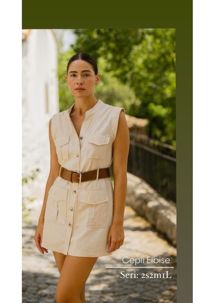 Kadın Bej Keten Kemerli Yelek Elbise