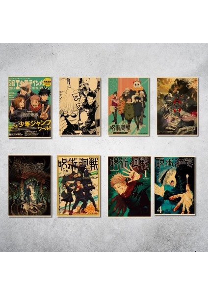 Vintage Anime Jujutsu Kaisen Gojo Satoru 8’li Duvar Posteri Seti – 21 x 15 cm Retro Kağıt Poster