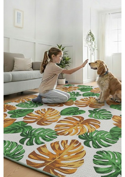 Modern Tropikal Yaprak Desenli Yıkanabilir Halı | Kaymaz Taban Salon Mutfak Halısı indirimleri