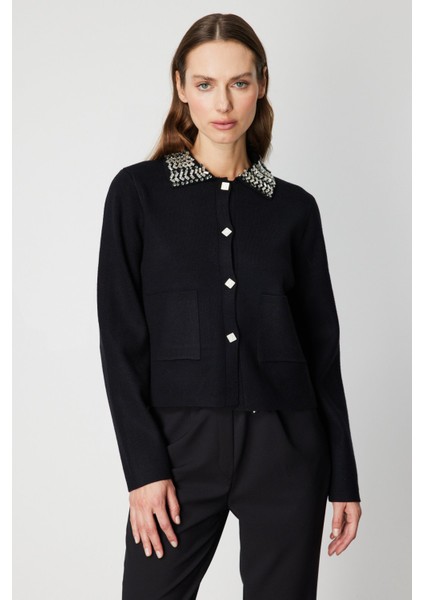 Kadın Yakası Taşlı Torba Cepli Hırka 60907 Siyah